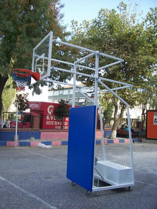Basketbol Potası 4 Direk Tekerlekli,Ağırlıklı,Seyyar 10 mm Cam (Ak) Panya 90x120 cm Çember Yükseklik Ayarlanabilir